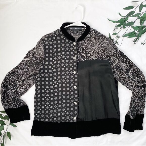 Josephine Chaus Black White Block Floral Design Button Down Blouse Velvet Trim - Picture 1 of 2